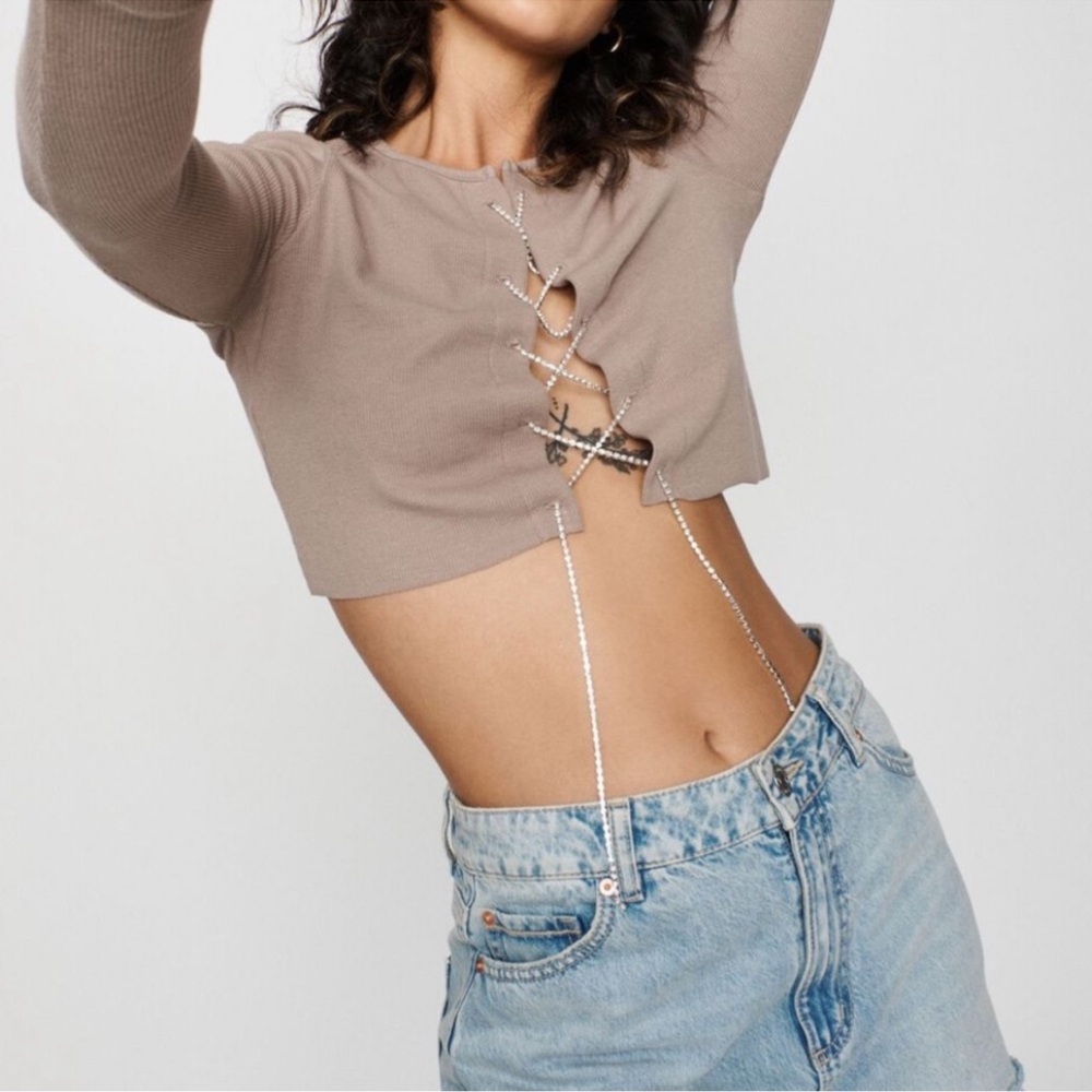 Garage clothing rhinestone lace up top in taupe brown (NWT)